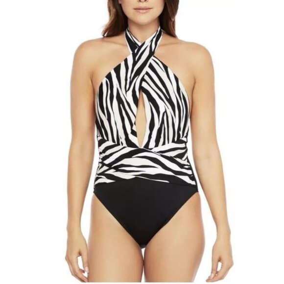 New La Blanca Wrap/Plunge Halter One Piece Swimsuit Zebra Black White Sz 2 $144 - Picture 1 of 10